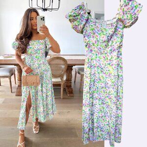 ASTR THE LABEL PUFF SLEEVE FLORAL SMOCKED MIDI DRESS SIZE SMALL EUC